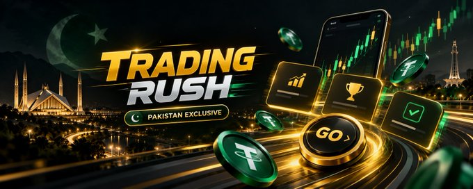 A promotional graphic for 'TRADING RUSH' featuring Pakistani landmarks, currency symbols, and a phone displaying trading charts, labeled 'PAKISTAN EXCLUSIVE'.