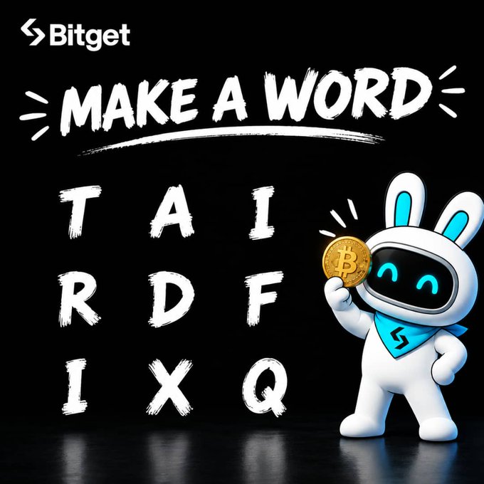 A Bitget-branded puzzle image featuring a cheerful white robot bunny mascot holding a Bitcoin coin alongside a 3x3 letter grid (T, A, I / R, D, F / I, X, Q) under the brushstroke headline "MAKE A WORD," inviting viewers to combine the letters into a single "perfect word" and share their answers in the comments.