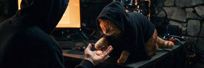 A hooded figure in a dark robe gently receives a gold coin from a similarly hooded orange cat on a desk, in a dramatic dimly lit scene evoking a secretive crypto exchange. The cinematic image ties directly to the $CATOSHI community, blending anime-style mystery with the playful spirit of a cat-themed Solana meme token banner.