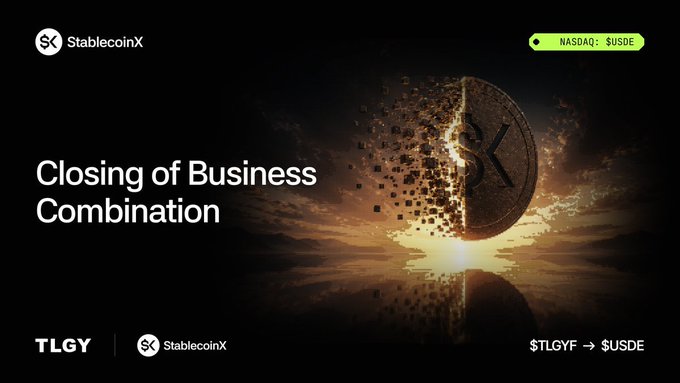 The image is a promotional graphic from StablecoinX announcing the closing of its business combination with TLGY Acquisition Corp., featuring their new NASDAQ ticker "$USDE" (transitioning from "$TLGY"), which will begin trading on June 26th as a public stablecoin infrastructure company focused on the Ethena digital dollar ecosystem.