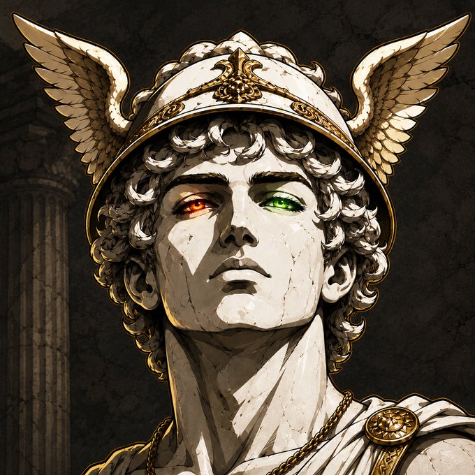 A detailed illustration of a white marble statue wearing an ornate helmet with wings, featuring heterochromic eyes—one red and one green.
