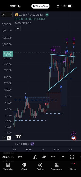 A TradingView chart of Zcash (Zcash / U.S. Dollar, ticker ZECUSD) on a weekly timeframe shows a dramatic price surge to $818.00 (+11.43%), with technical analysis annotations marking wave counts (9, 11, 13) and a bull pennant pattern. The chart visually supports the post's sentiment about patience paying off in secular trends, as Zcash appears to be breaking out from a multi-year consolidation following prior sell-offs.