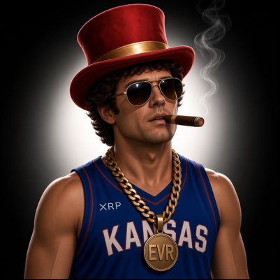 A stylized digital illustration depicts a man wearing a red top hat, aviator sunglasses, a Kansas basketball jersey with 'XRP' patch, and a gold 'EVR' medallion, smoking a cigar.