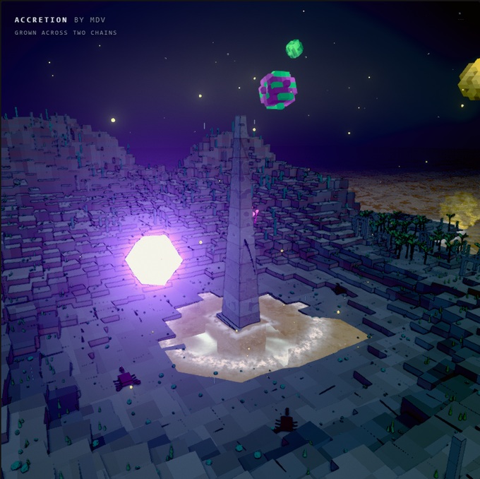 A Minecraft-style voxel landscape featuring a tall stone obelisk on a sandy island, floating green and purple orbs in the night sky, with text 'ACCRETION BY MDV' and 'GROWN ACROSS TWO CHAINS' in the upper left corner.