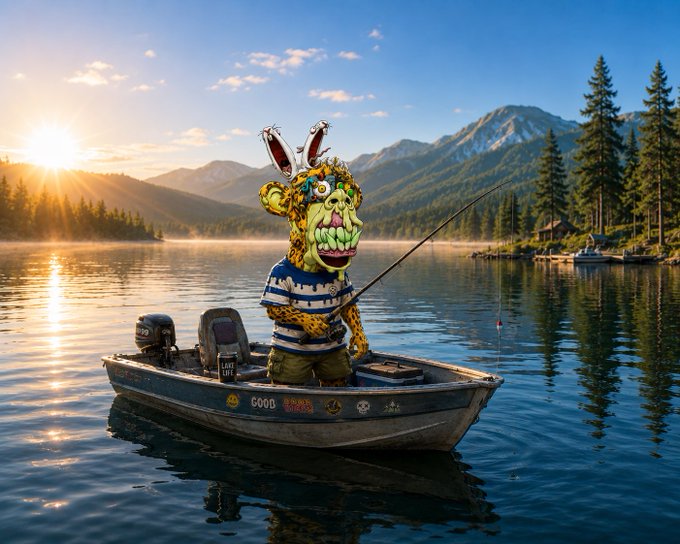 A whimsical illustration of a creature in a bunny costume fishing from a small boat on a serene mountain lake at sunrise.