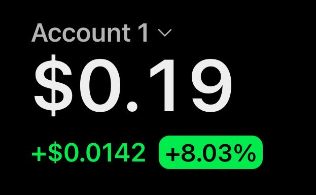 A financial account display shows a balance of $0.19 with a daily gain of +$0.0142 (+8.03%), humorously matching the caption's "up 8%" celebration despite the tiny dollar amount being far from substantial gains.