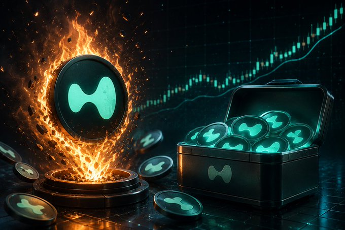 AI-generated artwork showing HYPE (Hyperliquid) tokens with one engulfed in flames and others stored in an open case, with a rising chart line in the background.