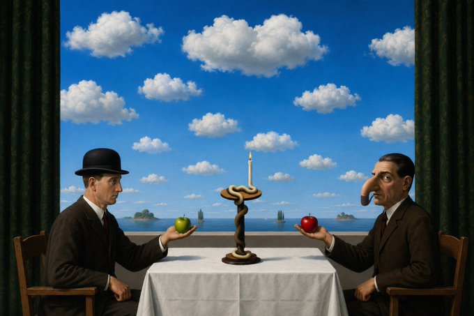 A surrealist painting reminiscent of Magritte's style, depicting two men in suits sitting at a table by a window with clouds and sea—one in a bowler hat holding a green apple, the other with an exaggerated nose holding a red apple, with a strange sculptural object and candle between them.
