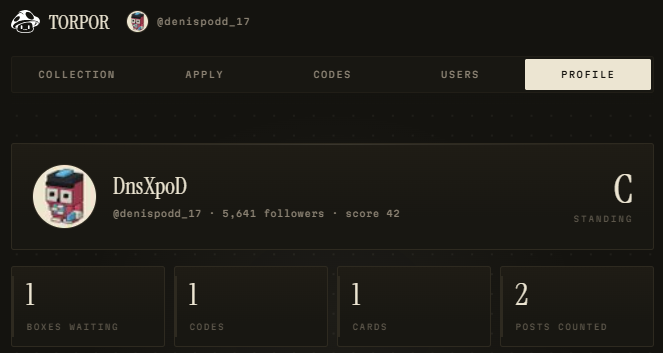 A user profile page on the Torpor platform showing the account 'DnsXpoD' (@denispodd_17) with 5,641 followers, a score of 42, C standing, and stats showing 1 box waiting, 1 code, 1 card, and 2 posts counted.