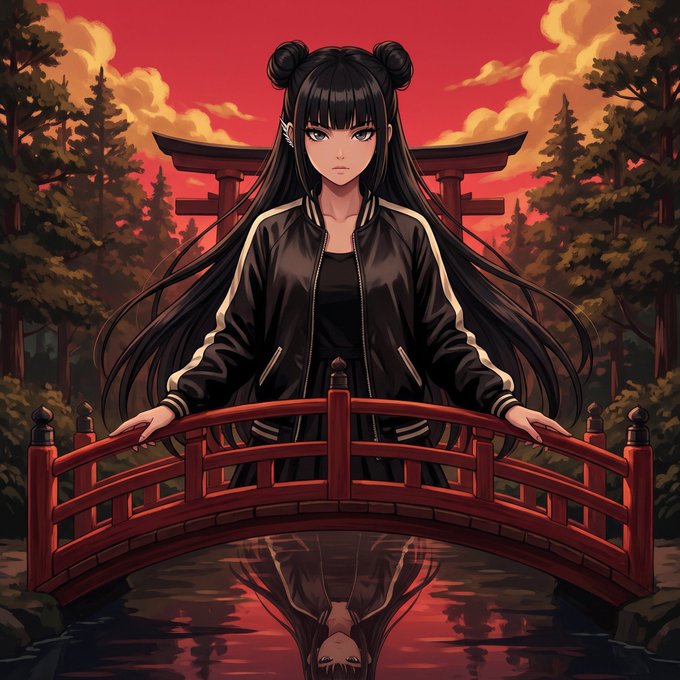 An anime-style illustration depicts a fierce young woman with long black hair styled in twin buns, wearing a black varsity jacket with white stripes, standing on a red arched Japanese bridge before a torii gate against a crimson sunset sky.

The image's imagery of a resolute, independent figure standing firm on a bridge—symbolizing a crossroads and a steadfast stance—aligns with the post's message of Hazels declining outside funding and staying true to their self-built, product-first path.