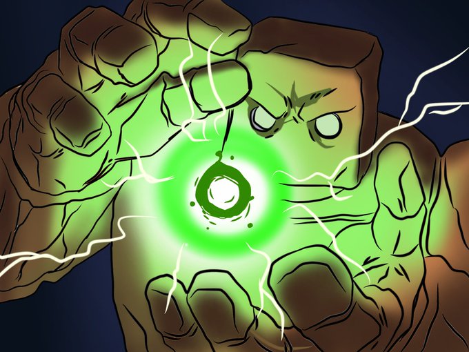 A stylized illustration of a muscular stone-like creature clenching its fists together to create a glowing green orb of energy, with white lightning bolts crackling around it.