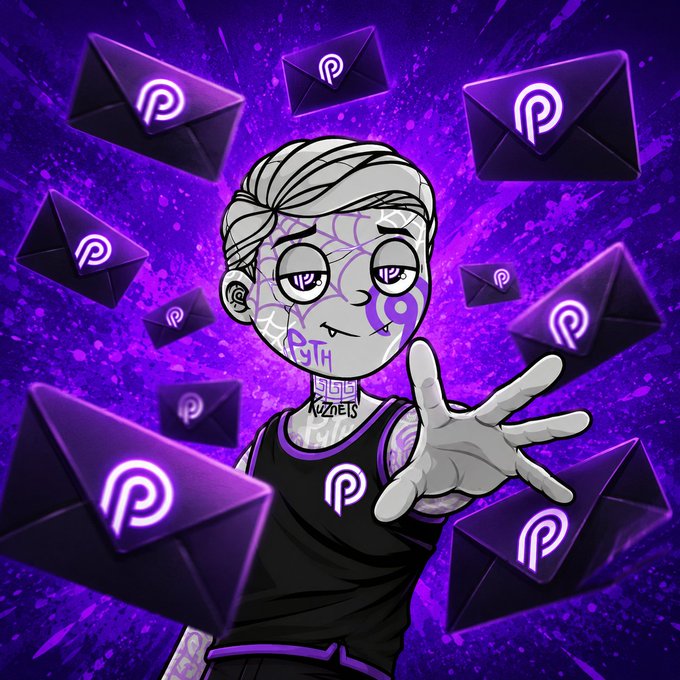 Stylized illustration of a gray-haired anime-style character surrounded by floating purple envelopes marked with a 'P' logo on a cosmic purple background, credited to KUZNETS.