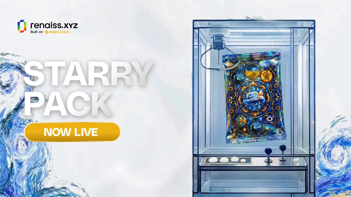 The image features a large glass display case showcasing an artwork of the night sky with vibrant colors and swirls, possibly related to Starry Pack. The text on the post describes this piece as "Starry Pack" and provides additional information such as its value at around $3,350 and suggesting it is now live. The caption reads: "The night sky is open. Top card valued around $3,350. Start pulling on Renaiss. May the stars guide your pull."