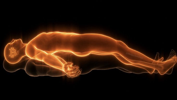 A glowing orange digital illustration depicts a human figure lying down with a Bitcoin symbol where the head should be.