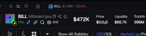 A cryptocurrency dashboard showing a token called BILL with ticker 'billboard guy', priced at $0.035 with a $472K market cap and $1.38K (-32.9%) change.