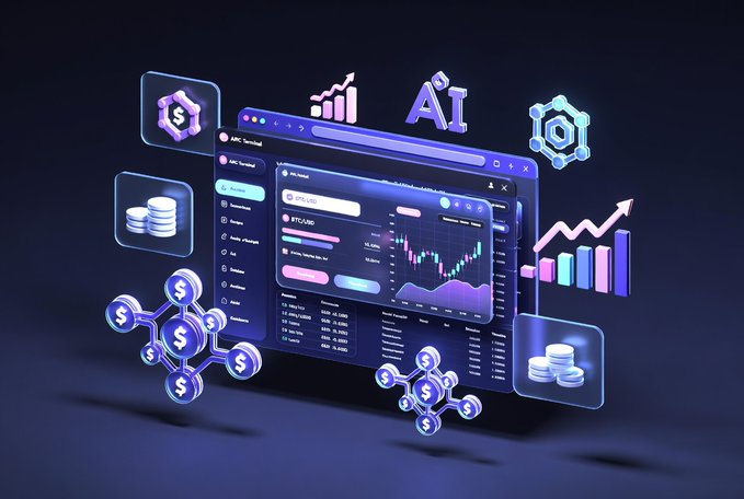 A 3D illustration of a digital trading interface displaying crypto charts, floating dollar sign nodes, coin stacks, and AI-themed icons in a purple and blue color scheme.