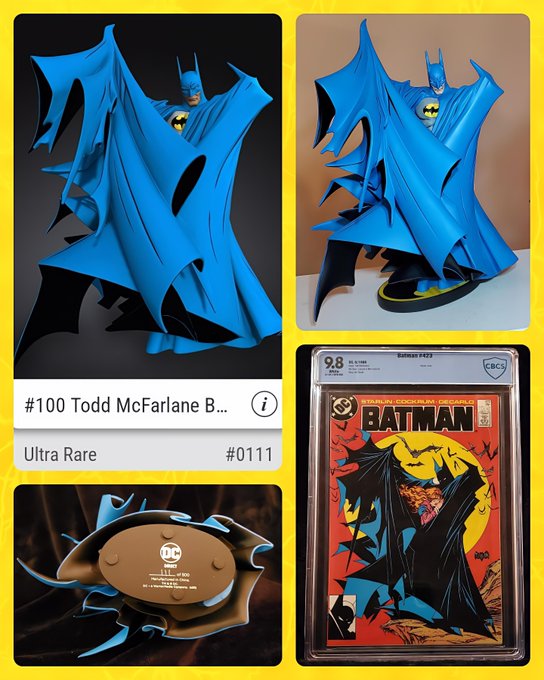 A Todd McFarlane Batman statue displayed from multiple angles, including a graded 9.8 CBCS Batman #423 comic book showing Batman in a flowing cape against a yellow moon, with the label '#100 Todd McFarlane B... Ultra Rare'.