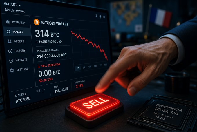 A hand hovers over an illuminated red "SELL" button on a Bitcoin Wallet interface displaying 314 BTC (≈$9,752,180.00 USD) with a sharp downward price trend, symbolizing Sequans' complete liquidation of its Bitcoin treasury down to zero holdings, set against a French flag backdrop and a chip labeled "SEMICONDUCTOR SCT-DA-76M."