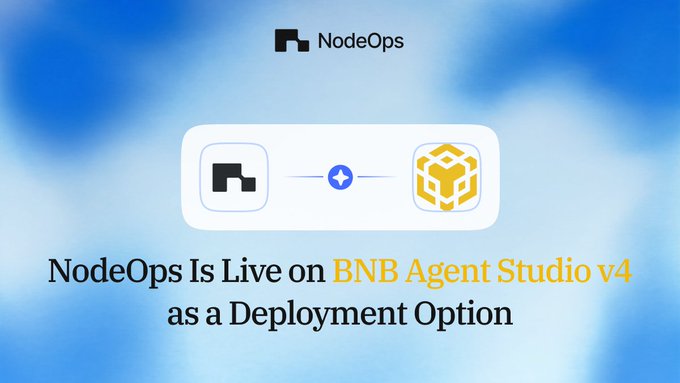 A promotional graphic stating 'NodeOps Is Live on BNB Agent Studio v4 as a Deployment Option' with the NodeOps logo and BNB branding against a blue cloud background.