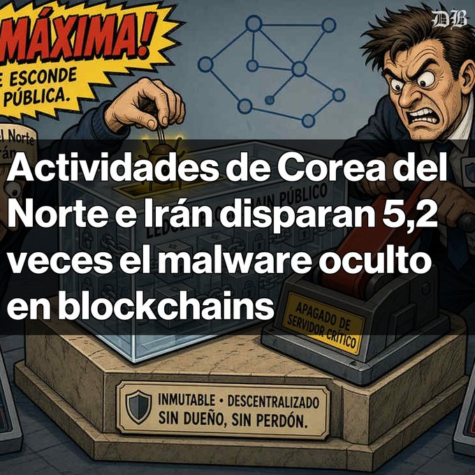 A cartoon-style graphic with Spanish text reading "Actividades de Corea del Norte e Irán disparan 5,2 veces el malware oculto en blockchains," depicting a man in a suit, a network diagram, and a "APAGADO DE SERVIDOR CRÍTICO" button.
