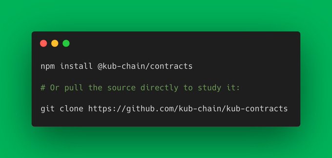 A code snippet on a green background showing terminal commands to install @kub-chain/contracts via npm or clone the source from github.com/kub-chain/kub-contracts.