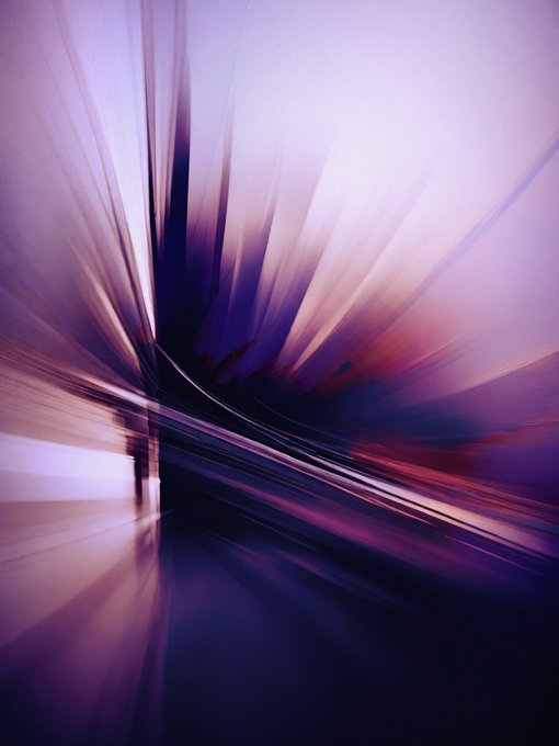 An abstract digital artwork featuring dynamic streaks and curves in shades of purple, pink, and dark blue, radiating from a central point against a soft, glowing background.