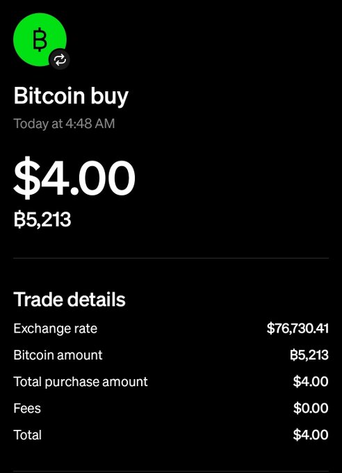A screenshot of a Bitcoin purchase confirmation showing a $4.00 buy of ₿5,213 at an exchange rate of $76,730.41.