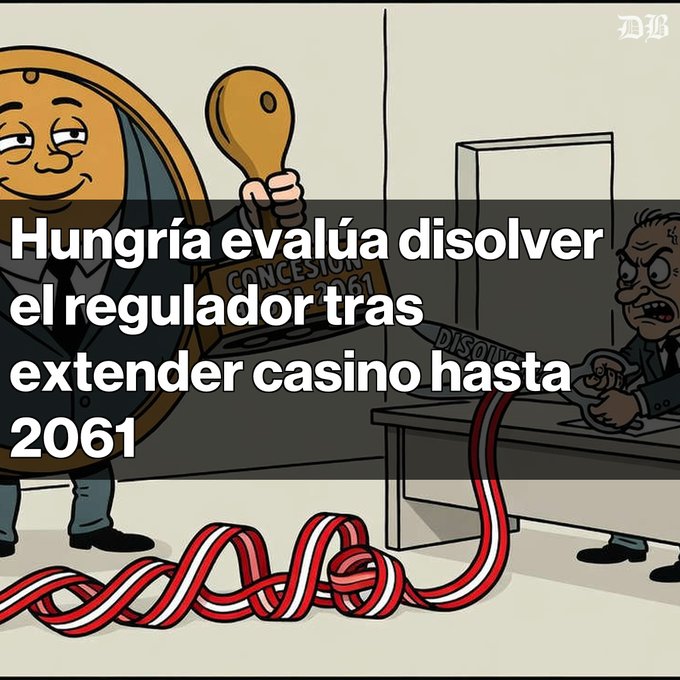 A political cartoon in Spanish with the headline 'Hungría evalúa disolver el regulador tras extender casino hasta 2061,' showing a coin character holding a 'CONCESION 2061' stamp while a regulator reacts to a tangled ribbon.