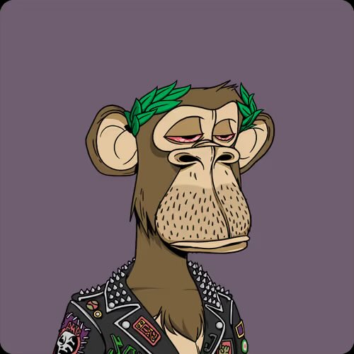 A digital illustration of a Bored Ape-style monkey NFT character wearing a laurel wreath and a studded leather jacket against a purple background.