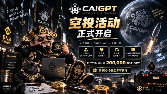 A promotional banner for 'CAIGPT' announcing an '空投活动正式开启' (Airdrop event officially launched), mentioning a partnership with '人工智能 × BNB CHAIN × 全球社区' and offering up to 200,000 $CAIGPT per wallet.