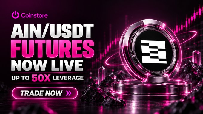 A promotional banner from Coinstore announcing 'AIN/USDT FUTURES NOW LIVE' with up to 50x leverage.
