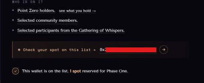 A screenshot showing a wallet's eligibility status for a mint, with one spot reserved for Phase One and a partially redacted wallet address starting with "0x," indicating the user is on the whitelist for the upcoming mint referenced in the post.