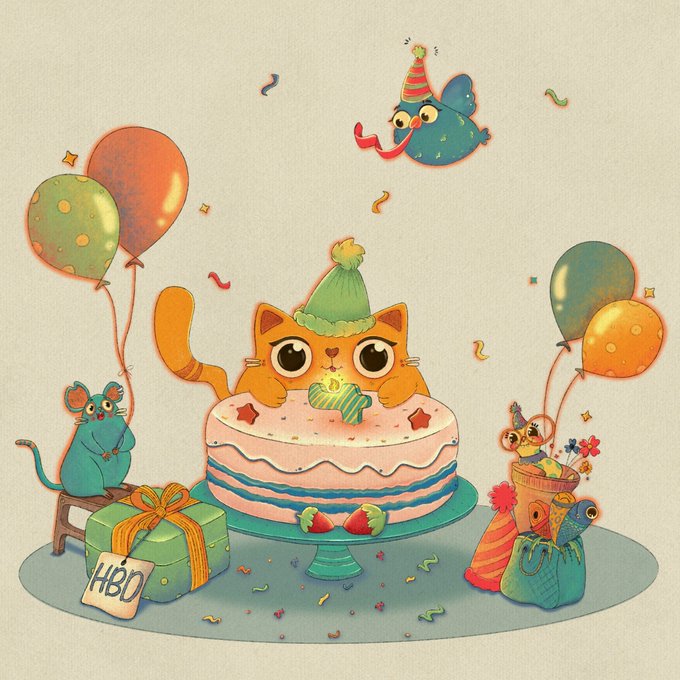A whimsical birthday illustration featuring an orange cat wearing a green party hat sitting on a pink cake, surrounded by balloons, a mouse, gifts, and a 'HBD' sign.