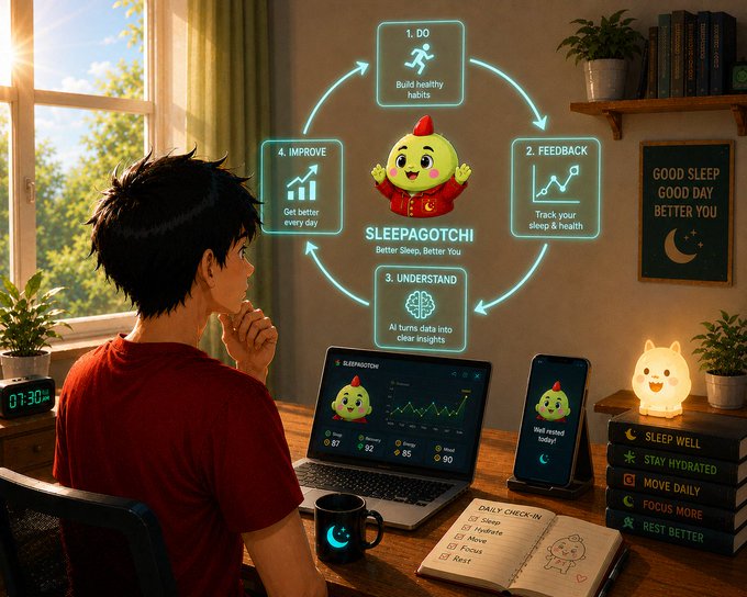 An infographic featuring the Sleepagotchi character explaining a 4-step process (Do, Feedback, Understand, Improve) for building healthy sleep routines, with a person looking at their laptop displaying the app.