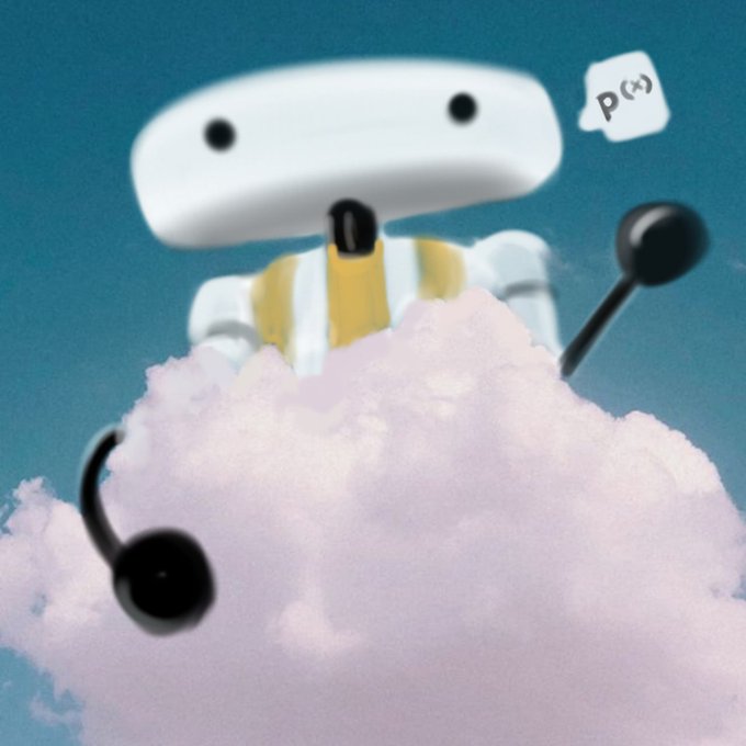 A whimsical illustration of a cute white robot with a speech bubble reading 'p(*)' emerging from pink cotton candy clouds against a blue sky.