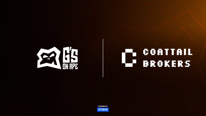 A promotional graphic featuring the logos for "G's ON APE" and "COATTRAIL BROKERS" separated by a vertical line on a dark brown background.