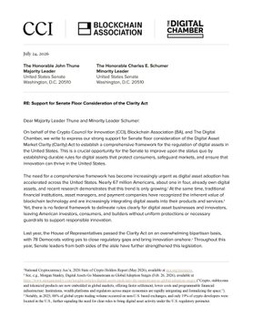 The image is a letter from the Honorable John Thune and the Honorable Charles E. Schumer, co-chairs of the Blockchain Association's "Digital Chamber," urging U.S. senators to support Senator Mike Crapo's "Resolution of Inquiry" on digital assets by July 27, 2020. It emphasizes the need for Congress to provide regulatory clarity for blockchain, digital assets, and cryptocurrency amid rapid innovation. The accompanying post, "The time is now for Clarity," aligns with the letter's call for legislative action to establish clear rules and definitions for the digital asset ecosystem.