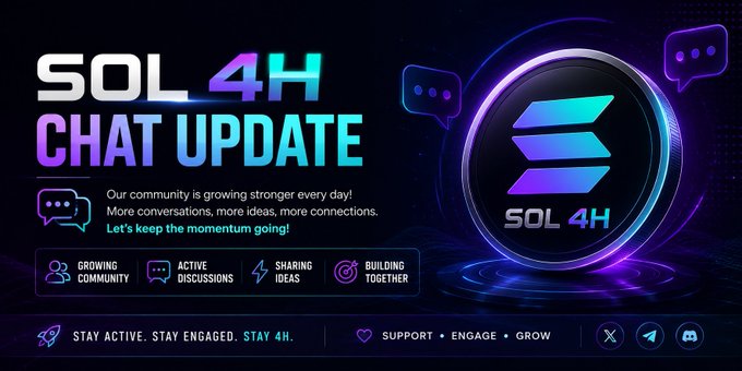 A promotional graphic for 'SOL 4H CHAT UPDATE' featuring the Solana logo and messaging about community growth and engagement.