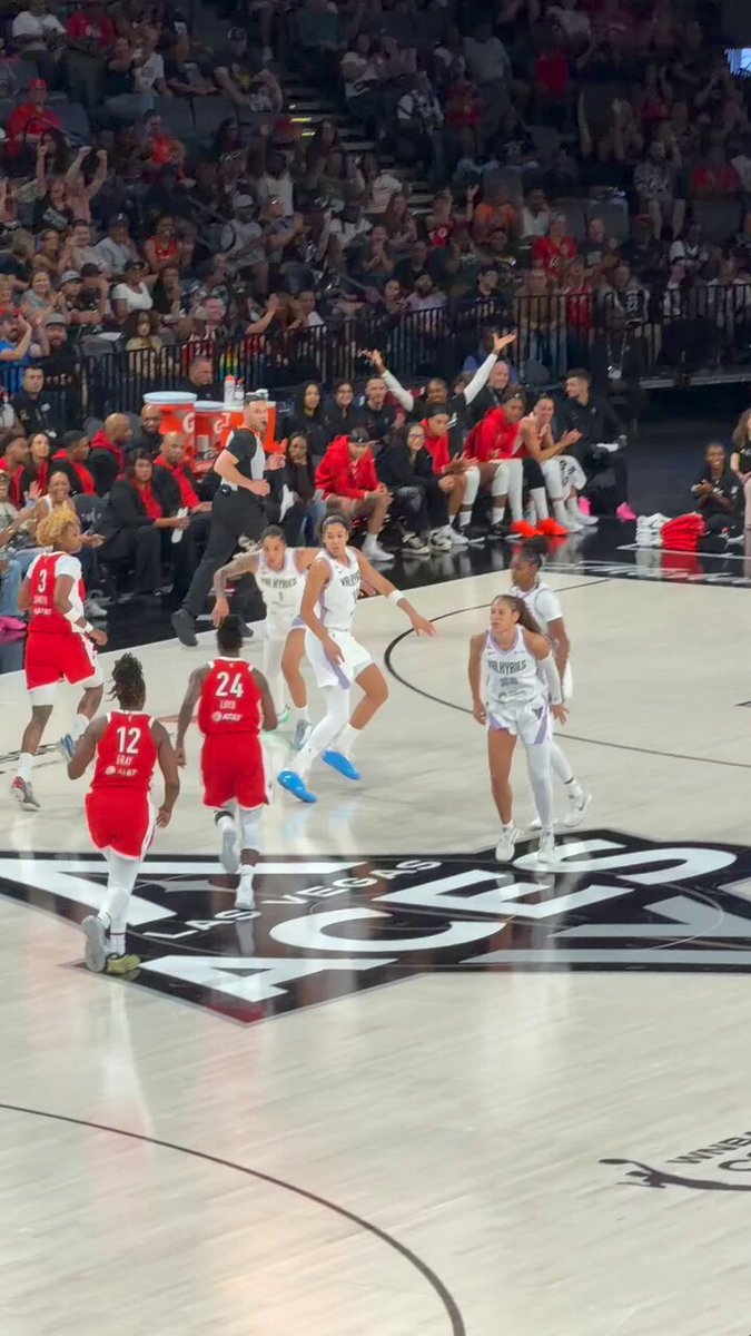The image shows a group of basketball players wearing red uniforms, with one player holding a basketball and another player running towards him. The players are positioned around the court, indicating that they might be preparing for or just finished playing a game. The photo is related to the post because it features an image of Jackie Young from the NBA, who has connected on the corner triple GSV-LVA in the NBA's Women's National Basketball Association (WNBA) commissioner's cup.