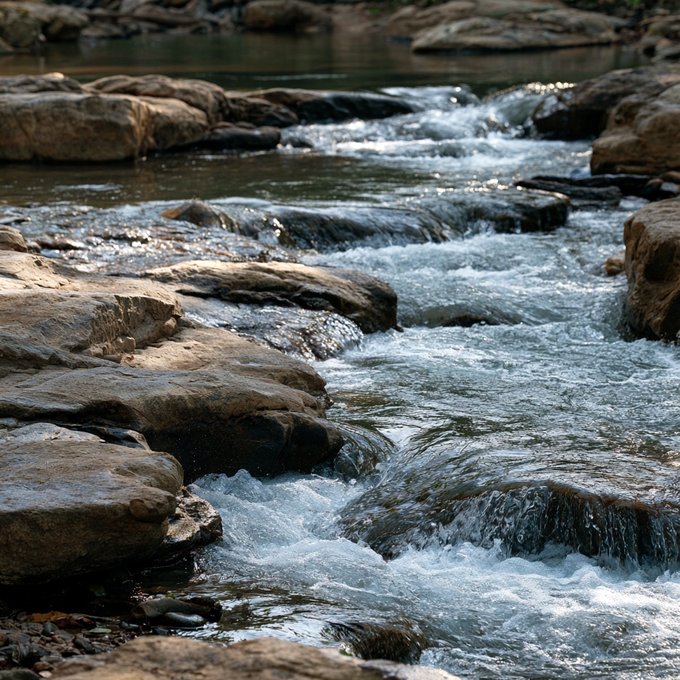 A close-up nature photograph of water flowing over smooth, sunlit rocks in a stream or river, creating white rapids and small cascades.