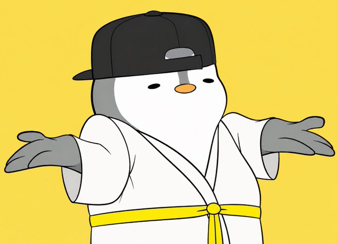 A cartoon penguin character wearing a black backwards cap, white karate gi with a yellow belt, and gray gloves, shrugging with arms outstretched against a yellow background.