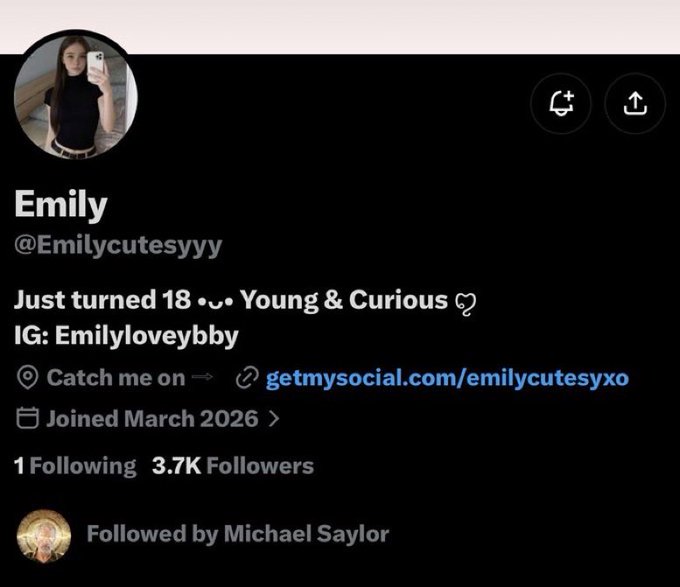 The image shows a Twitter/X profile for "Emily" (@Emilycutesyyy), bio reads "Just turned 18 •·· Young & Curious," with 3.7K followers and a join date of March 2026. The post context about her being "one of the biggest BTC holders" appears to be satirical/sarcastic, mocking the account as a likely bot or scam account—given the link to "getmysocial.com" and the recent join date despite claims of being a major crypto holder.