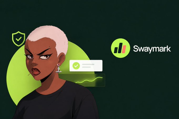 A stylized illustration of a pink-haired person beside the "Swaymark" logo, featuring checkmark and data chart icons that visually reinforce the caption's message about transparent campaign scoring and published content rules for creators.