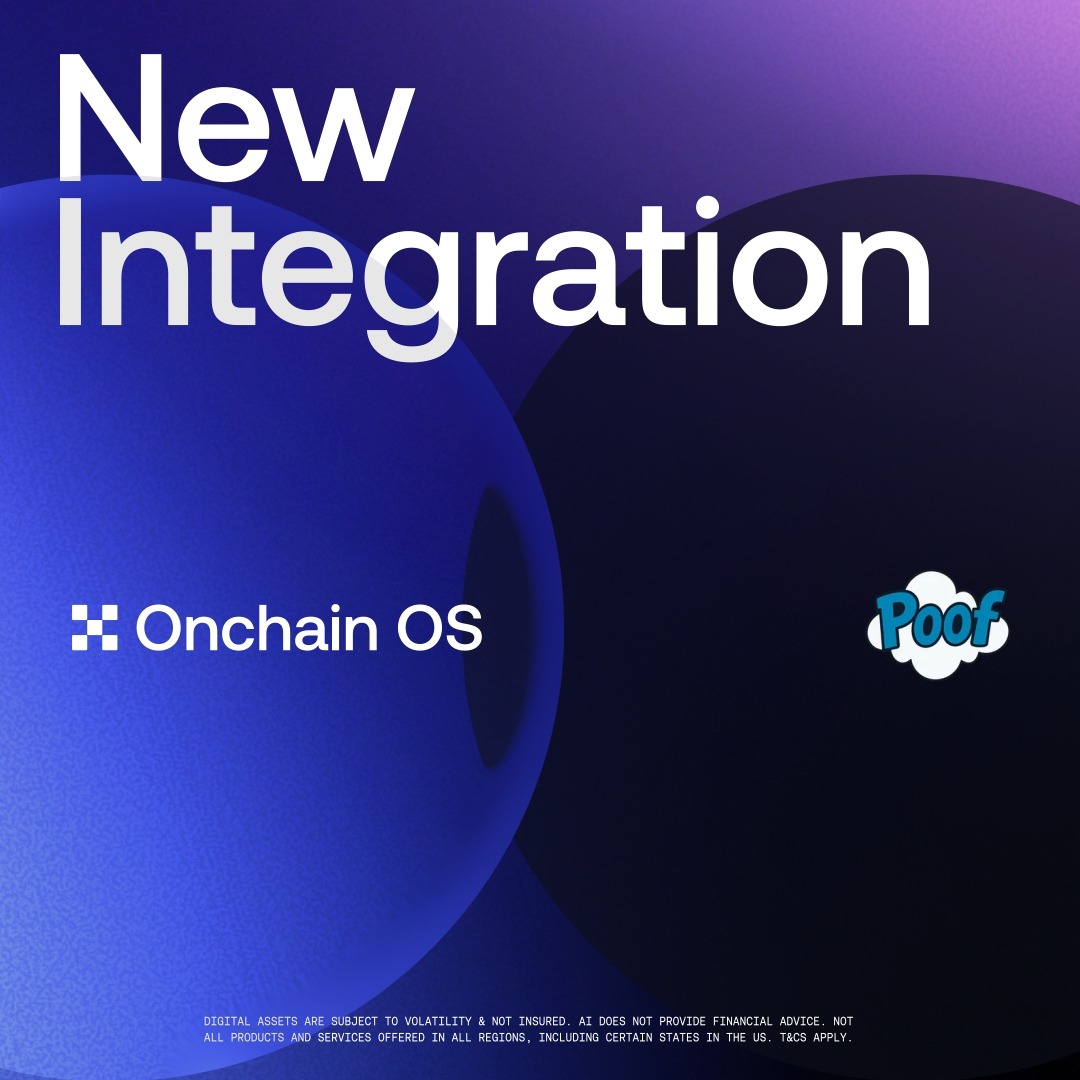 The image features a poster for a new integration platform called Onchain OS. The poster has a blue background with white text that reads "New Integration". Below this, there are two circles - one black and one blue. The black circle contains the words "Builders on" and "not change", while the blue circle displays "@poofnew now have access to Onchain OS." This suggests that the integration platform is designed for developers who want to use a secure and transparent system, allowing them to build applications with ease. The poster also mentions that users can launch Solana apps using this integration platform, which provides market analysis, token data, and swap capabilities.