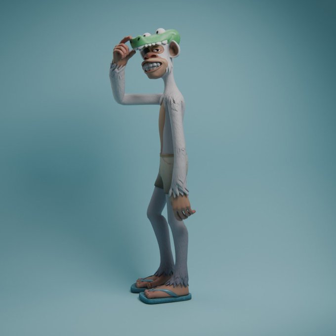 A 3D-rendered cartoon monkey character wearing a green frog hat lifts the brim to greet viewers, fitting the cheerful "GM Web3 — Have a great day ahead!" morning greeting vibe with its playful, smiling pose.