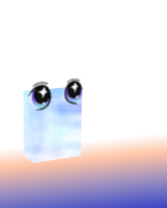 A small, 3D-rendered rectangular block with a light blue, cloudy texture and large, sparkly eyes, floating against a soft gradient background of white, orange, and purple.