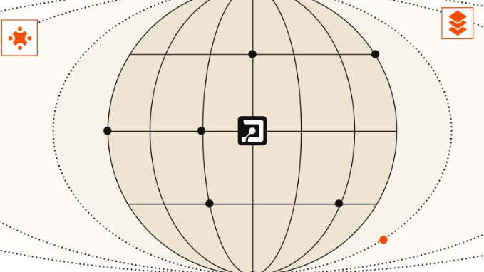 A globe diagram showing latitude and longitude lines with marked points, featuring a central icon and red logos in the corners.