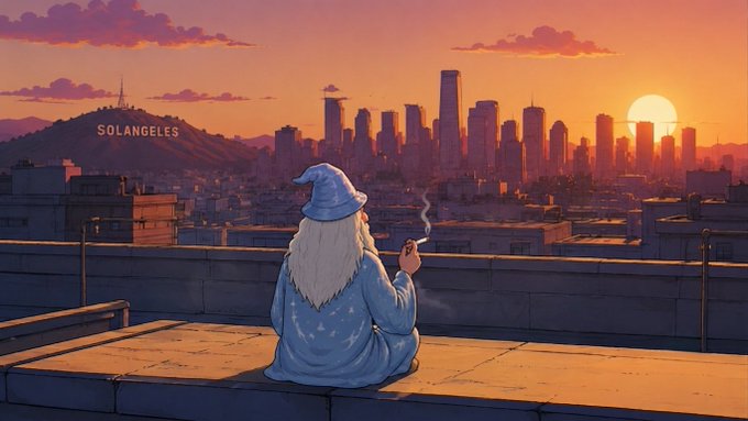 An anime-style illustration of a wizard in blue robes sitting on a rooftop overlooking the 'SOLANGELES' city skyline at sunset, smoking a pipe while watching the sun set behind skyscrapers.