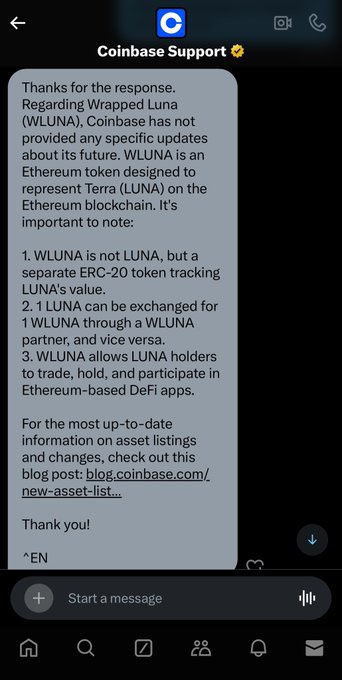 A screenshot of a Coinbase Support chat message explaining that Wrapped Luna (WLUNA) is an Ethereum token designed to represent Terra (LUNA), noting that WLUNA is not LUNA and is a separate ERC-20 token tracking LUNA's value.