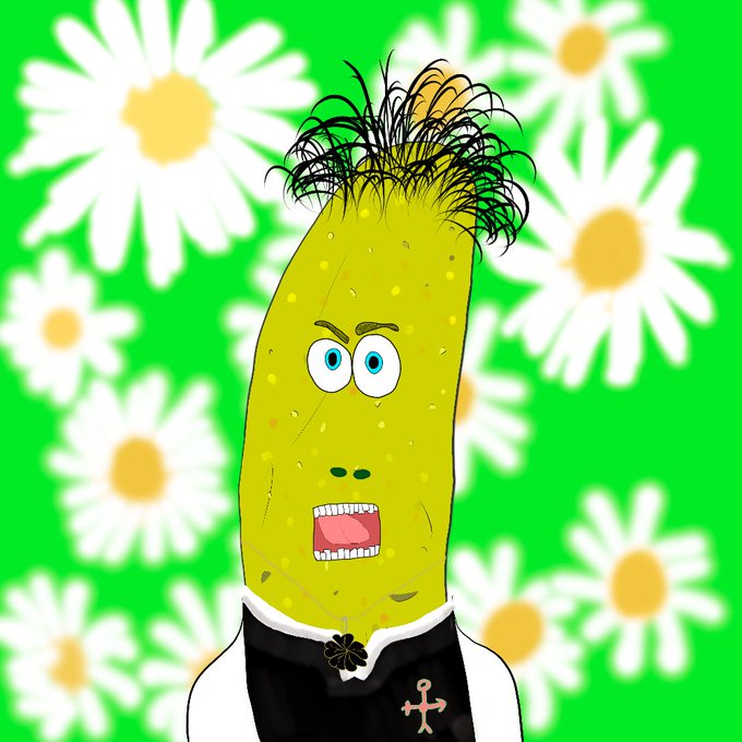 An illustrated cartoon of a pickle-like character with messy black hair, wide eyes, and an open mouth, wearing a tuxedo against a green background with white daisies.